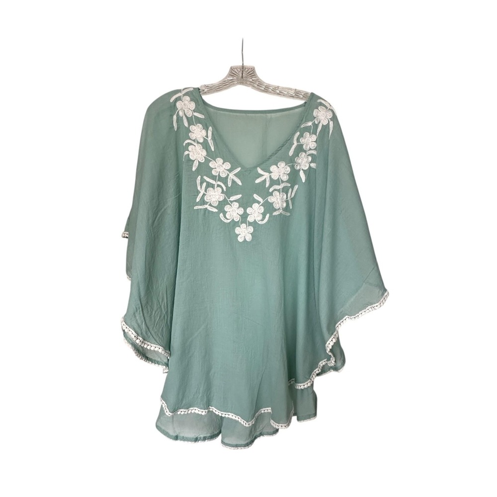 Elisabeth Gillette Poncho Cover Up Green OS 100% Cotton Embroidered Boho Beach